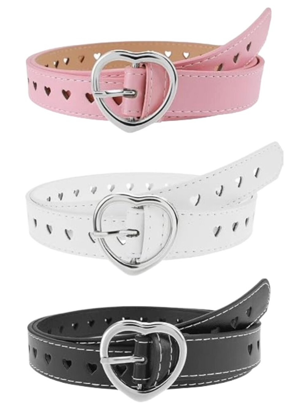 Girls Heart Buckle Belts 3-Pack Pink White Black Adjustable Faux Leather